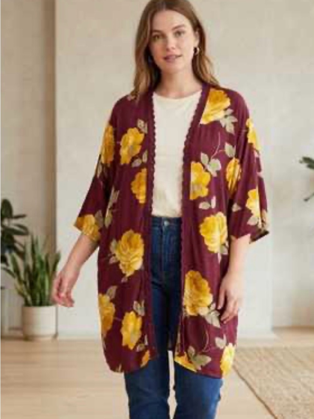 Floral Kimono M. FASIS Style Burgundy Yellow Woven 3/4 Size M